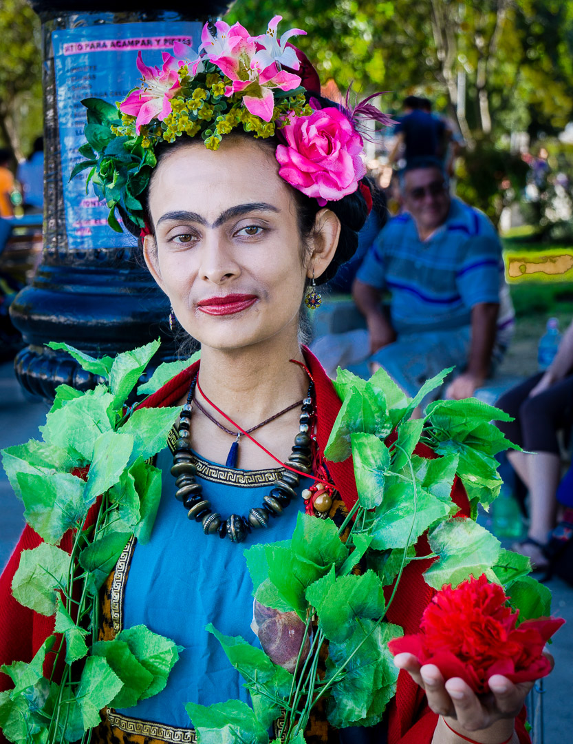 Frida Kahlo reincarnate, central plaza, Castro, Chiloé, Chile