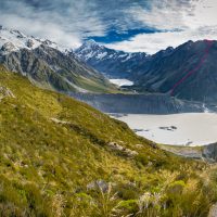 Kain's route on Wakefield follows the red line. The Footstool and Aoraki/Mt Cook tower above Mueller Lake on hike to Mueller Hut, Aoraki / Mount Cook National Park, UNESCO World Heritage Site. New Zealand