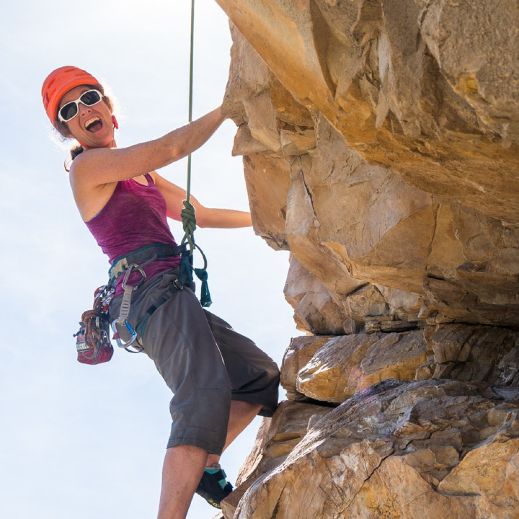 Kirsten Knechtel rock climbing, Barbour Rock crag near Invermere, BC