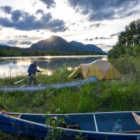 2nd camp beside Galena Creek just south of Spillimacheen. Three day paddle from Wilmer wetlands to Parson, BC on the Columbia River, with Jim Firstbrook, Michele Desjardins, Saul Greenberg, Judy Otton, Pat and Baiba Morrow