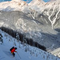 Rob Orchiston skis logging cutblock in Purcell Range, BC