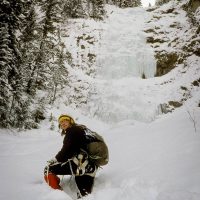 John Lauchlan on first ascent Guinness Gulley near Field, BC 1975