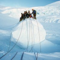 left to right Tom Hopkins, Albi Sole, Don Chandler, Jim Elzinga, Phil Hein on way to climb north face of Mt Athabasca in winter, Rockies c 1977 Calgary Mountain Club