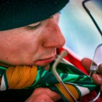 Murray Toft at base of Silk Tassle near Field, BC during first ascent 1973?