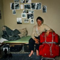 Blisters and frozen toes on Pat Morrow's feet, aftermath of making first winter traverse of Mt Assiniboine 1971. At home in basement of Jean's Beauty Salon, Calgary, AB while going to Journalism school at SAIT.