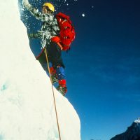 Chic Scott on Cascade Waterfall photo shoot, Banff 1975