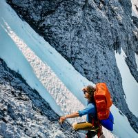 Steve Jennings during 2 day ridge traverse of Mt Ethel Duath and Goat Mountain, above CMC (Calgary Mountain Club) valley, (just behind Mt Yamnuska, near Calgary, AB 1972