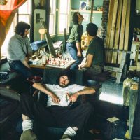 Bugs McKeith (fgd), Greg Brennan, Steve Jennings and Fraser Williamson at Archie Simpson's house, a climber's "dive", Calgary, AB 1971