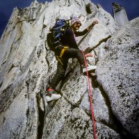 Pat Morrow on Bugaboo spire,hoto by Baiba Morrow c 1986