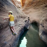 Pat Morrow using his climbing skills to explore a slot canyon AZ c 1977 - photo by Art Twomey