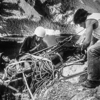 Dick Howe and Billy Davidson rescue climber who fell while offroute on Guide's Route, EEOR, above Canmore 1972 Calgary Mountain Rescue Group