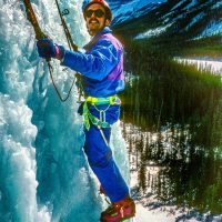 Pat Morrow on Weeping Wall ice climb 1975, photo by Brad Wrobleski