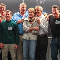 Urs Kallen, Pat Morrow, Jeff Marshall, Mike Mortimer (emcee), Sharon Wood, Chic Scott, Kevin Doyle and Barry Blanchard, presenters in the CMC's 50th anniversary slide show at the University of Calgary 2010 .