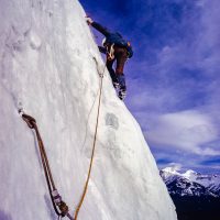 Chris Perry on possible 2nd ascent of Cascade waterfall, near Banff, AB 1972