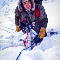 Urs Kallen at belay stance, north face of Pope's Peak, November 1976 - first one day roundtrip ascent with him, Bernhard Ehmann and Jim Elzinga, in winter (-20C) conditions Calgary Mountain Club