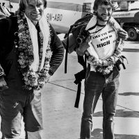 Laurie Skreslet and Pat Morrow, and "Like I've Never Been So High" shirt, at Kathmandu airport on their return from Everest in 1982. Calgary Mountain Club