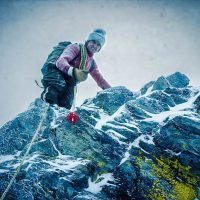Pat Morrow on first winter ascent of Snowcrest Mt Christmas day Purcells near Kimberley. bc c 1975 photo by Bernhard Ehmann