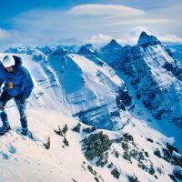 Chris Perry on first winter ascent of Mt Huber, Yoho National Park, via north face (from Lake O'Hara Road), Mar 1973